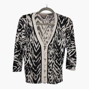 Kenar Black & Ivory Abstract Zebra Animal Print Shimmer Cardigan Silk Blend L